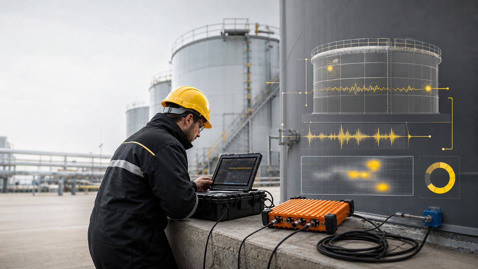 Широкоформатная иллюстрация диагностики резервуара с картой дефектов и сигналами колебаний