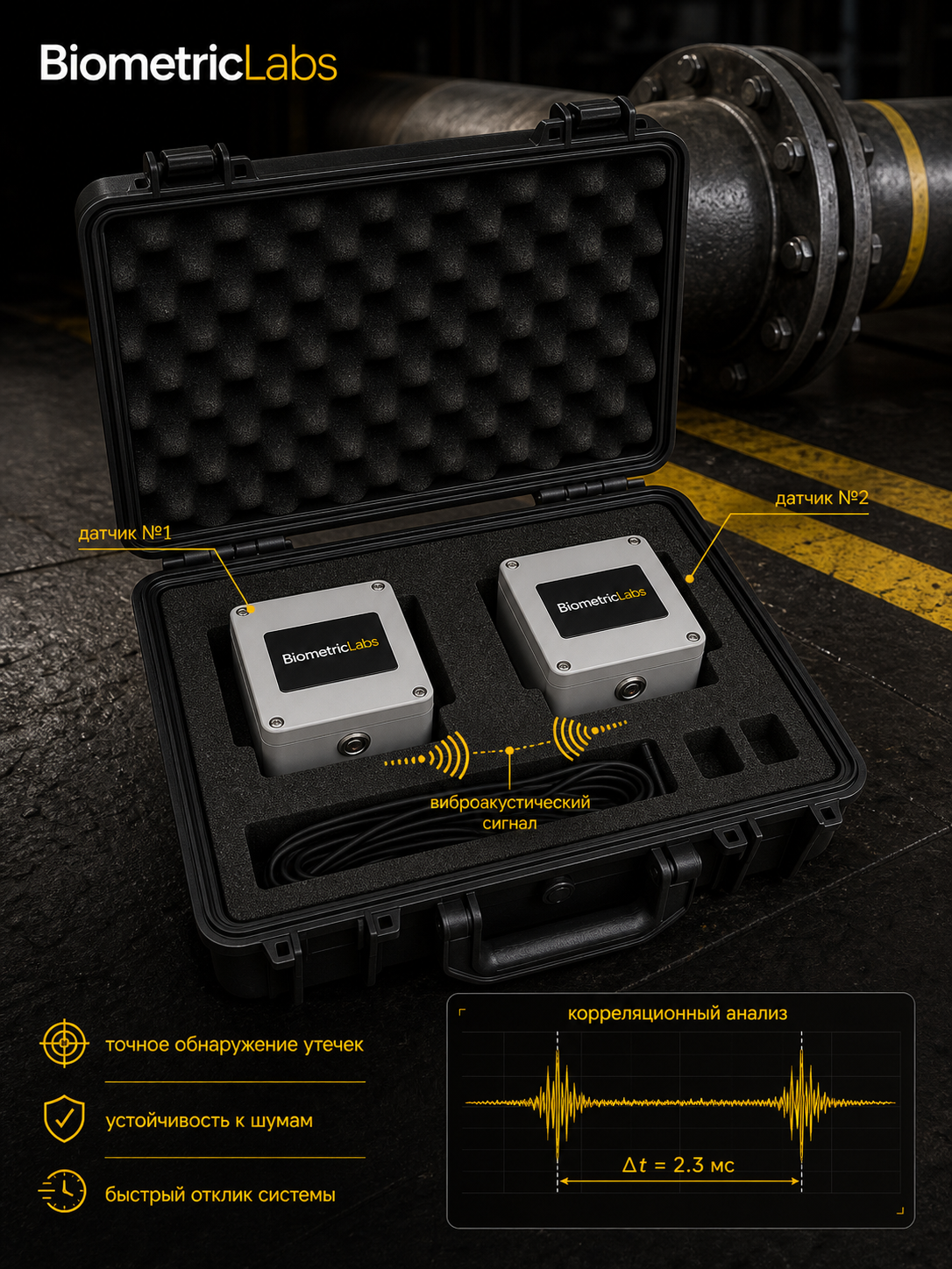 Комплект BiometricLabs BL1 в промышленном кейсе с двумя виброакустическими датчиками